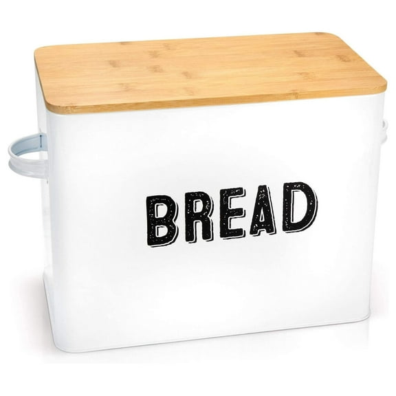 Large White Bread Box for Kitchen, with Bamboo Wooden Lid - Farmhouse Style