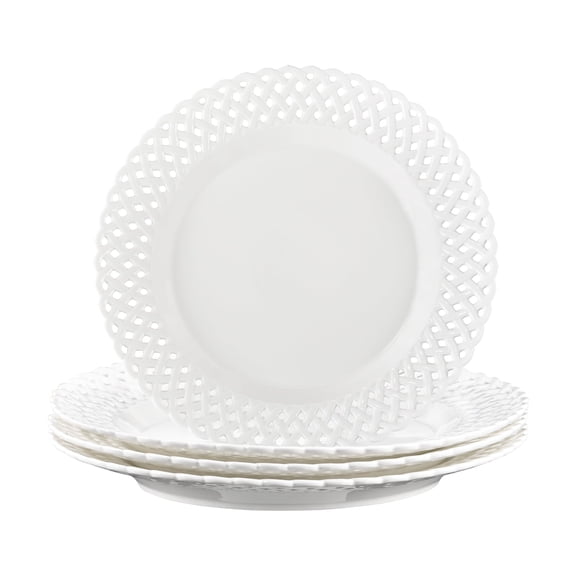 Large White Dinner Plates 12 inch, Ceramic Dinner Plates Set of 4, Basketweave Wide Rim Stackable Hotel Value Round Coupe Shape for Restaurant, Kitchen, Party, Home, Gifts, Microwave Dishwasher Safe