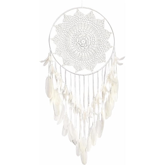 Large White Dream Catcher Wall Decor with Feather, Crochet Net, Wooden Beads and Flocking Cloth, Boho Macrame Hanging Decoration for Bedroom Living Room Wedding Party
