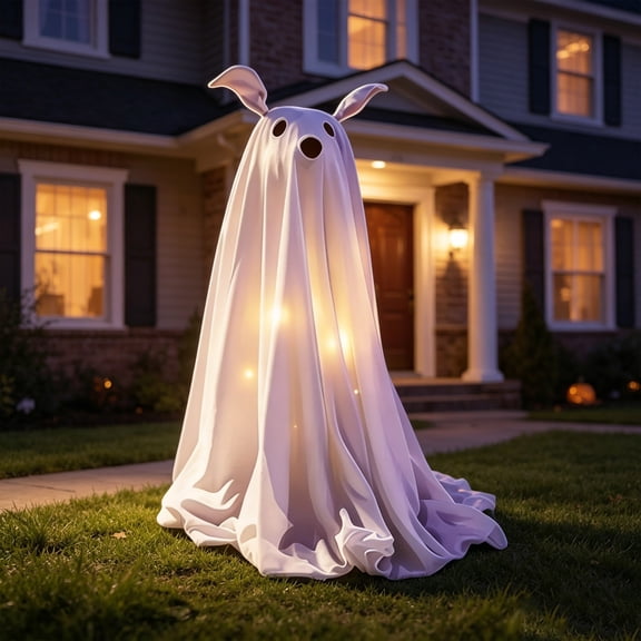 Large White Ghost Halloween Décor Yard Art With LED Lights Polyester Fabric 63 Inches