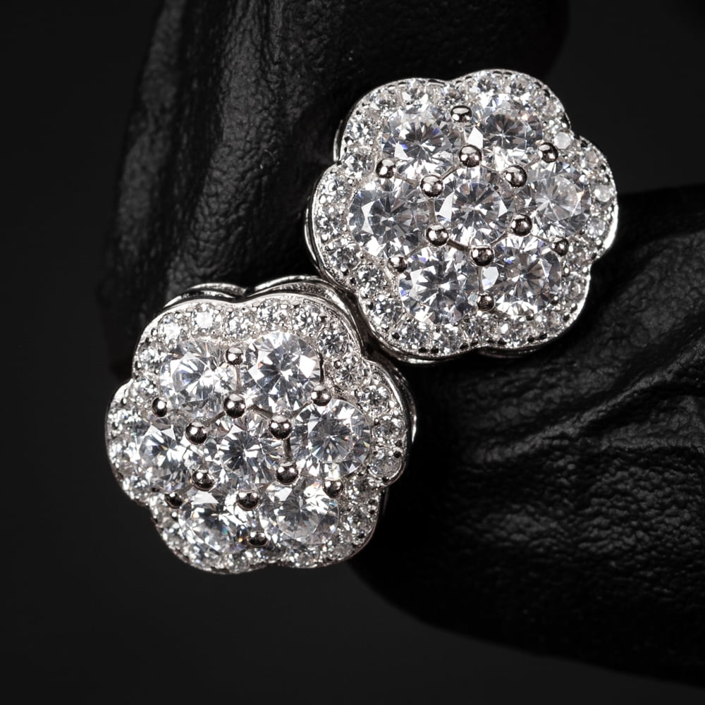 Large White Gold 925 Sterling Silver Flower Cluster Hip Hop Stud Screw Back Earrings