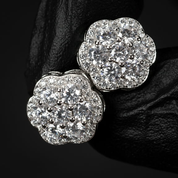 Large White Gold 925 Sterling Silver Flower Cluster Hip Hop Stud Screw Back Earrings