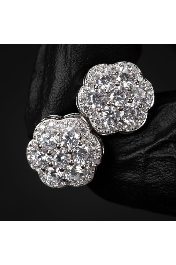 Large White Gold 925 Sterling Silver Flower Cluster Hip Hop Stud Screw Back Earrings