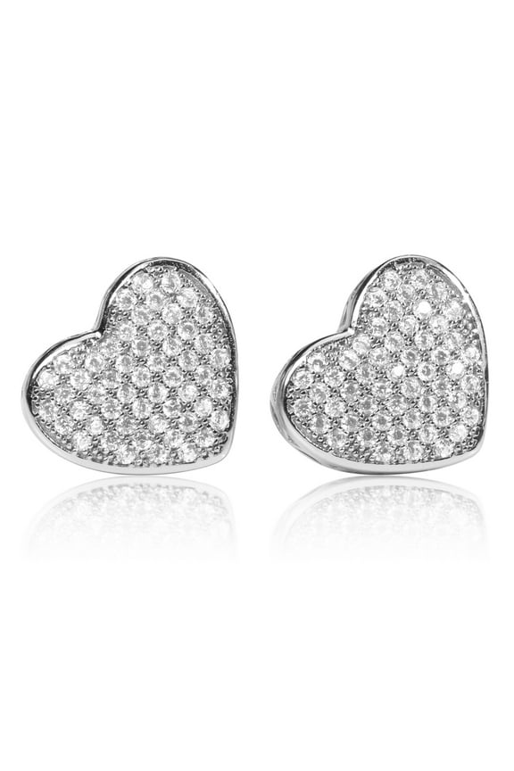 Large White Gold 925 Sterling Silver Micro Pave Women's Cz Heart Stud Earrings