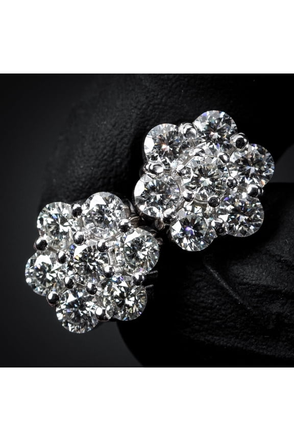 Large Flower Cluster White Gold Plated 925 Sterling Silver Screw Back Post Hip Hop Round Shape Iced 5A CZ Circle Earrings