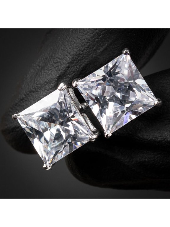 Large White Gold Plated Screw Back Square CZ Princess Cut Stud Earrings