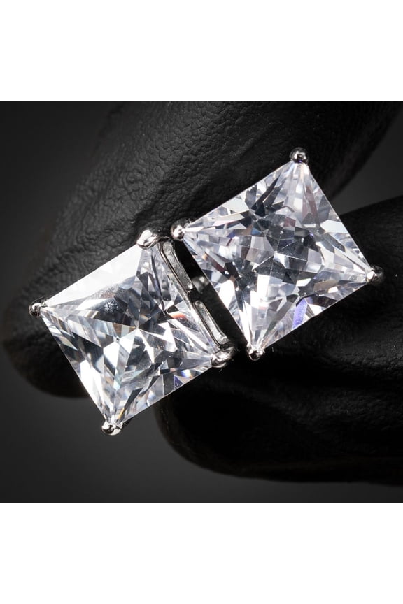 Large White Gold Plated Screw Back Square CZ Princess Cut Stud Earrings