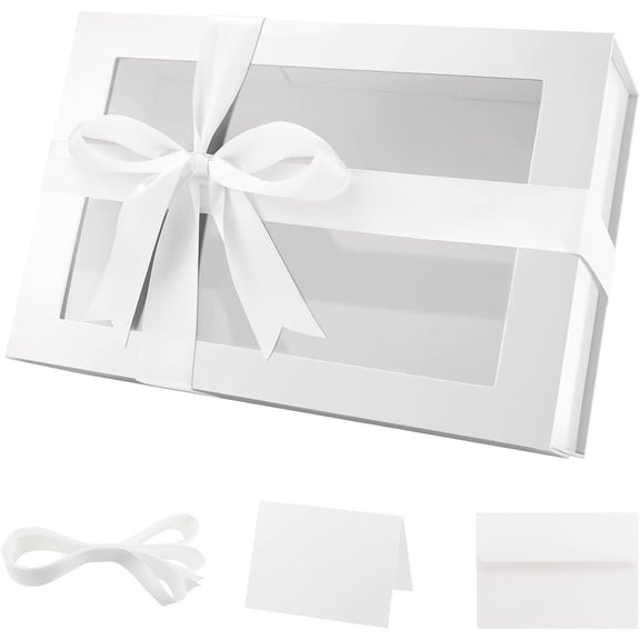 Large White Magnetic Gift Box with Window, Ribbon 13.5x9x4.1 In
