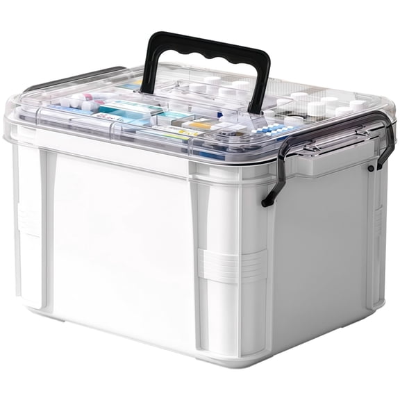 Large White Medicine Box Organizer, First Aid Storage with Transparent Lid, Divided Compartments, Black Handle, Suitable for 4-5 People Family Use, Long-Lasting PP Material