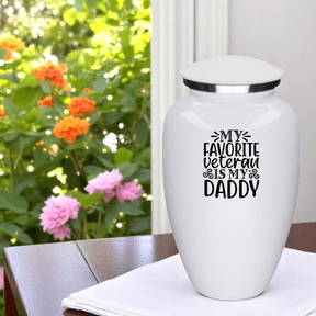 Large White Metal Adult Funeral Urn, Military Dad Memorial Keepsake 10" x 6.5", 200 Cu In Capacity, Includes Velvet Bag