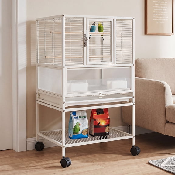 Large White Metal Bird Cage with Rolling Stand Multi-Function Parakeet, Cockatiel, Conure, Budgie, Lovebird, Canary Flight Cage Slide-Out Tray, Seed Guard, Feed Bowls
