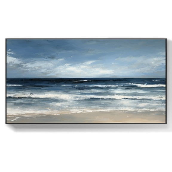 Large White Ocean Wave Abstract Oil Painting Blue Ocean Minimalist Painting On Canvas Large Blue Sky Painting Original Beach Seascape Wall Art,Unstretched,Frameless,(41*61cm)16*32Inches