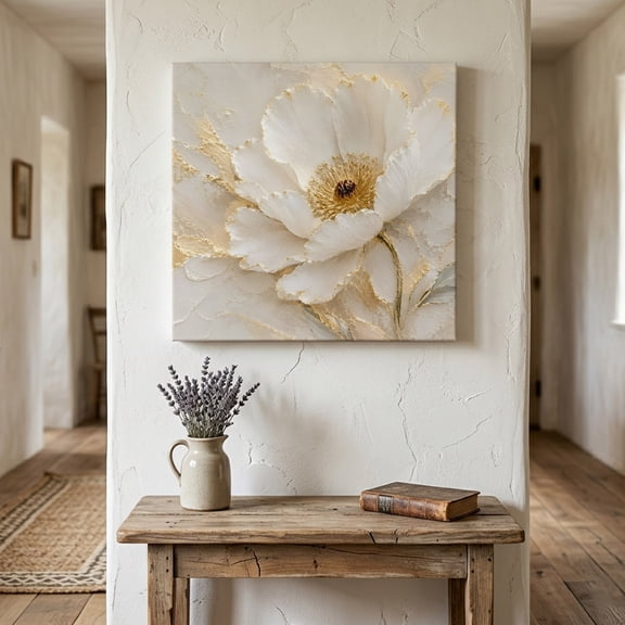 Large White Peony Canvas Wall Art for Living Room Bedroom Bathroom, Rustic Golden Foil Veins Embossed Petal Layer Canvas Art Wall Decor, Artwork for Walls Home Office Decor, 8"x8"