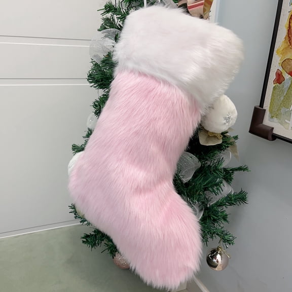 Large White Pink Plush Faux Fur Christmas Stockings,Party Favors Deluxe Pink Christmas Stockings Hanging Ornaments Candy Gift Bags for Xmas Fireplace Holiday Decorations