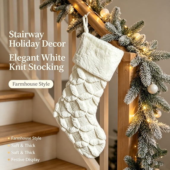 Large White Plush Christmas Stocking, Soft Velvet Faux Fur Xmas Hanging Stocking, Large Capacity Vintage Winter Ornament for Home Farmhouse Family Holiday Decor & Gift