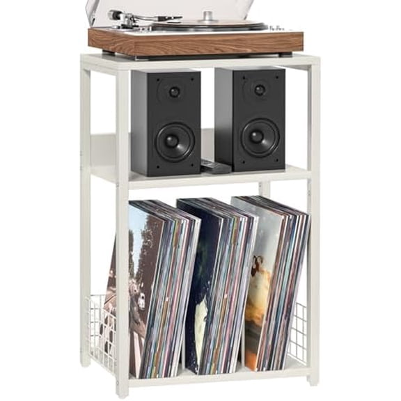 Large White Record Player Stand, 3 Tier 18" Wide Big End Table with Vinyl Storage Up to 130 Albums, Industrial Turntable Printer Tables, Modern Side Tables for Living Room, Bedroom, Office