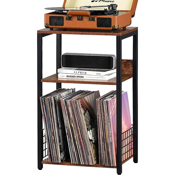 Large White Record Player Stand, 3 Tier 18" Wide Big End Table with Vinyl Storage Up to 130 Albums, Industrial Turntable Printer Tables, Modern Side Tables for Living Room, Bedroom, Office