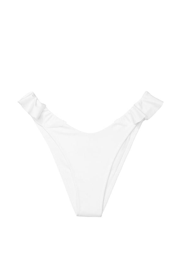 Large White Ruffle Brazilian Bikini Bottom Low Rise High-Cut Leg Logo Charm NEW