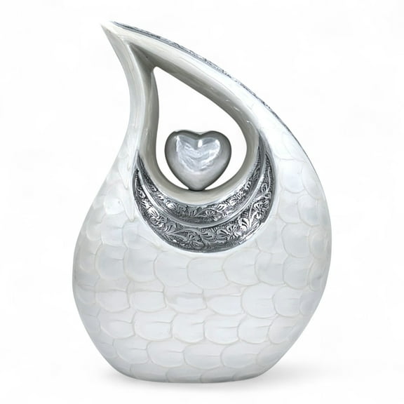 Large White Teardrop Cremation Urn for Adults – Engravable Memorial Container with Silver Heart – Elegant Metal Funeral Piece, 220 Cubic Inch Capacity