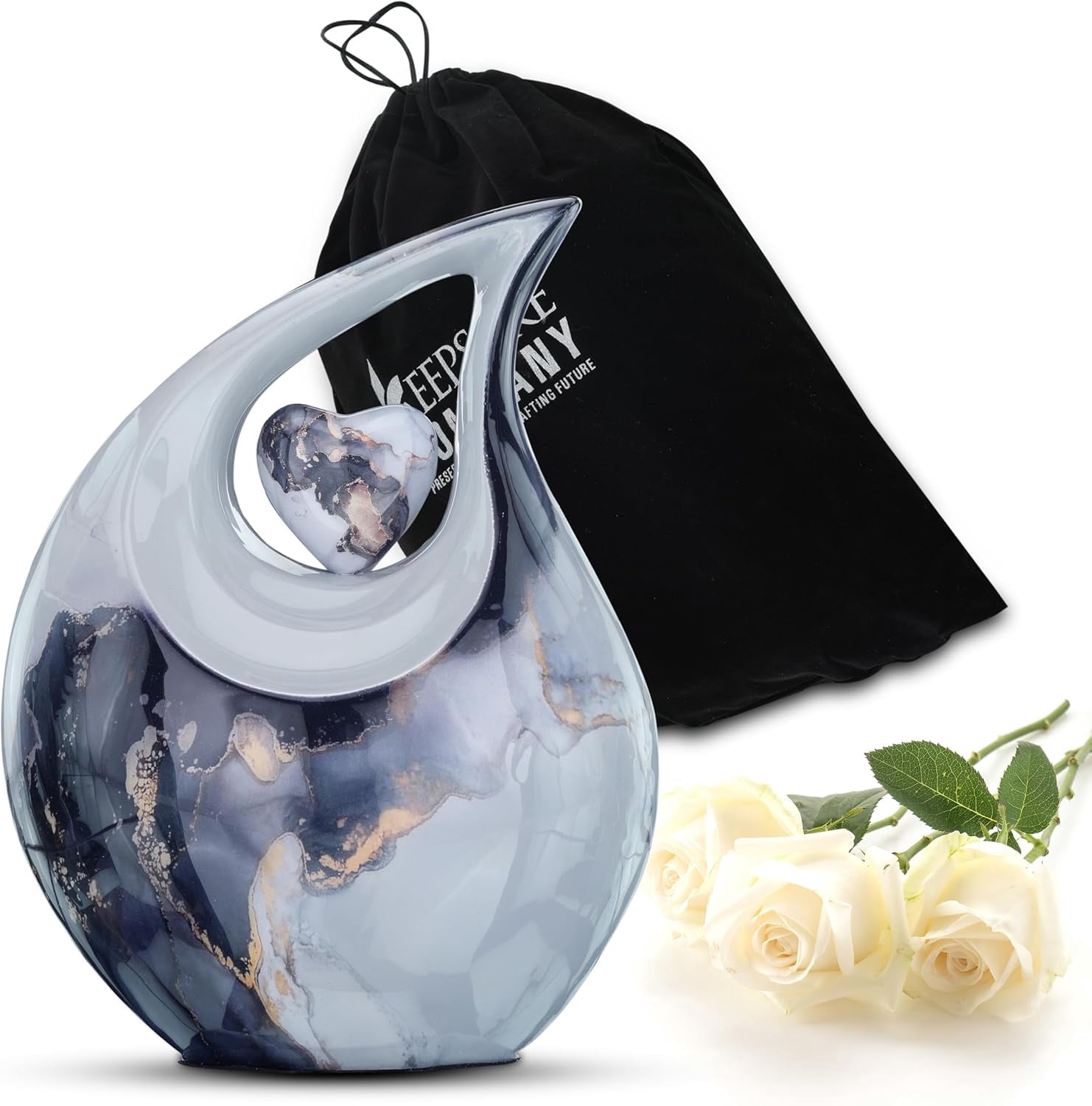 Large White Teardrop Urn with Red Heart for Human Ashes Male - Urns for Adult Men and Women - Cremation Urns for Ash, Funeral/Burial Urns