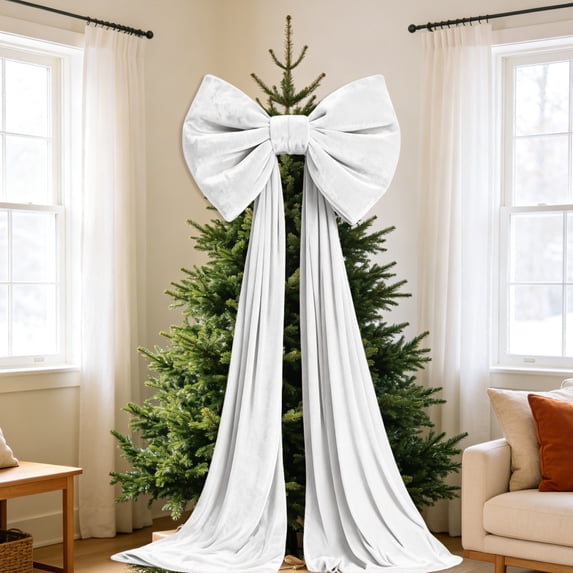 Large White Velvet Christmas Tree Topper Bow 79 x 16 Inch, Extra-Large Holiday Bow with Long Tails for Tree Door Wall Wreath Decor