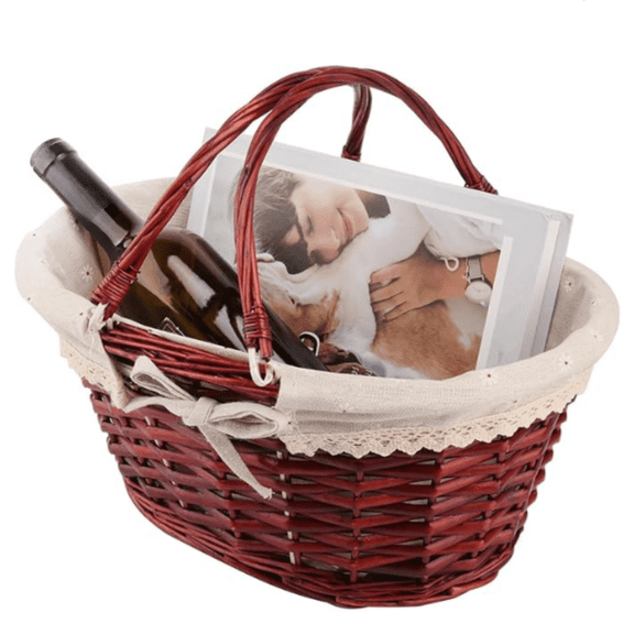 Large Wicker Basket with Handle, 14.2 x 11 x 6.7 inch Wicker Picnic Basket with Liner, Empty Gift Basket, Oval Willow Woven Basket for Fruit, Candy, Wine, Gathering, Wedding, Picnic