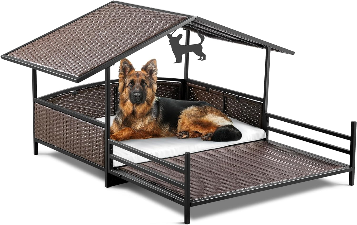 Large Wicker Dog House With Cushion Outdoor Indoor Rattan Doghouse Elevated Raised Dog Bed With