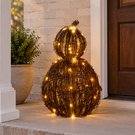 Large Wicker Fall Pumpkin Decoration with Built-In Warm Lights, Rustic Handwoven Design