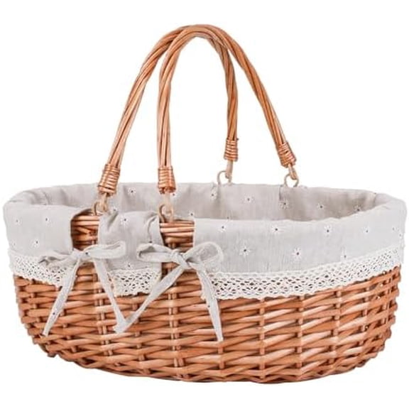 Large Wicker Picnic Basket with Handles,Handle Sturdy Woven Body with Removable and Washable Lining,Outdoor Camping,Gift Packing,Garden Picking, Storage.White Flower