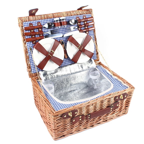 Large Wicker Picnic Basket With Cups Flatware Set Utensils Basket For 4 Person Wicker, Ceramic, PU 46*33*20cm Handmade Free Standing