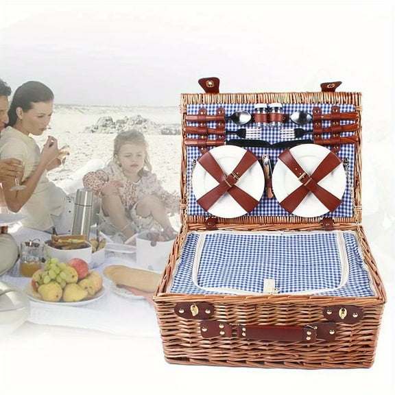 Large Wicker Picnic Basket With Cups Flatware Set Utensils Basket For 4 Person