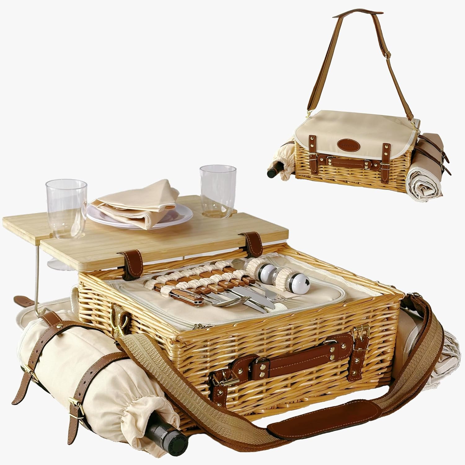 Large Wicker Picnic Basket kit Set for 2 Adults with Blanket Family ...