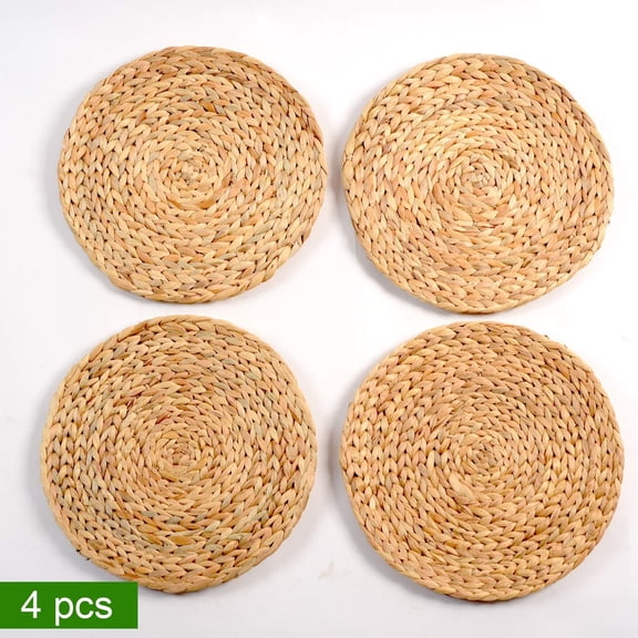 Large Placemats for Dining Table, Handmade Water Hyacinth Placemats for Hot Dishes, Insulated Hot Pads Round Placemats for Kitchen (Water Hyacinth-4pcs-11.81")