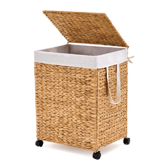 Large Wicker Rolling Laundry Basket with Wheels, Lid & Washable Liner