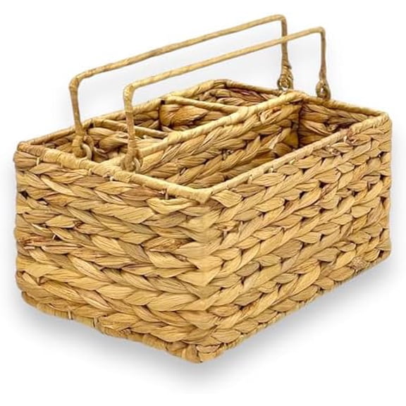Large Wicker Utensil Caddy Carrier | Water hyacinth Woven Condiment Holder for Table - Kitchen Set Counter Top Organizer - Rustic Small Storage for Dinner Set, Wine$$Home Decor, Kitchen, & Other