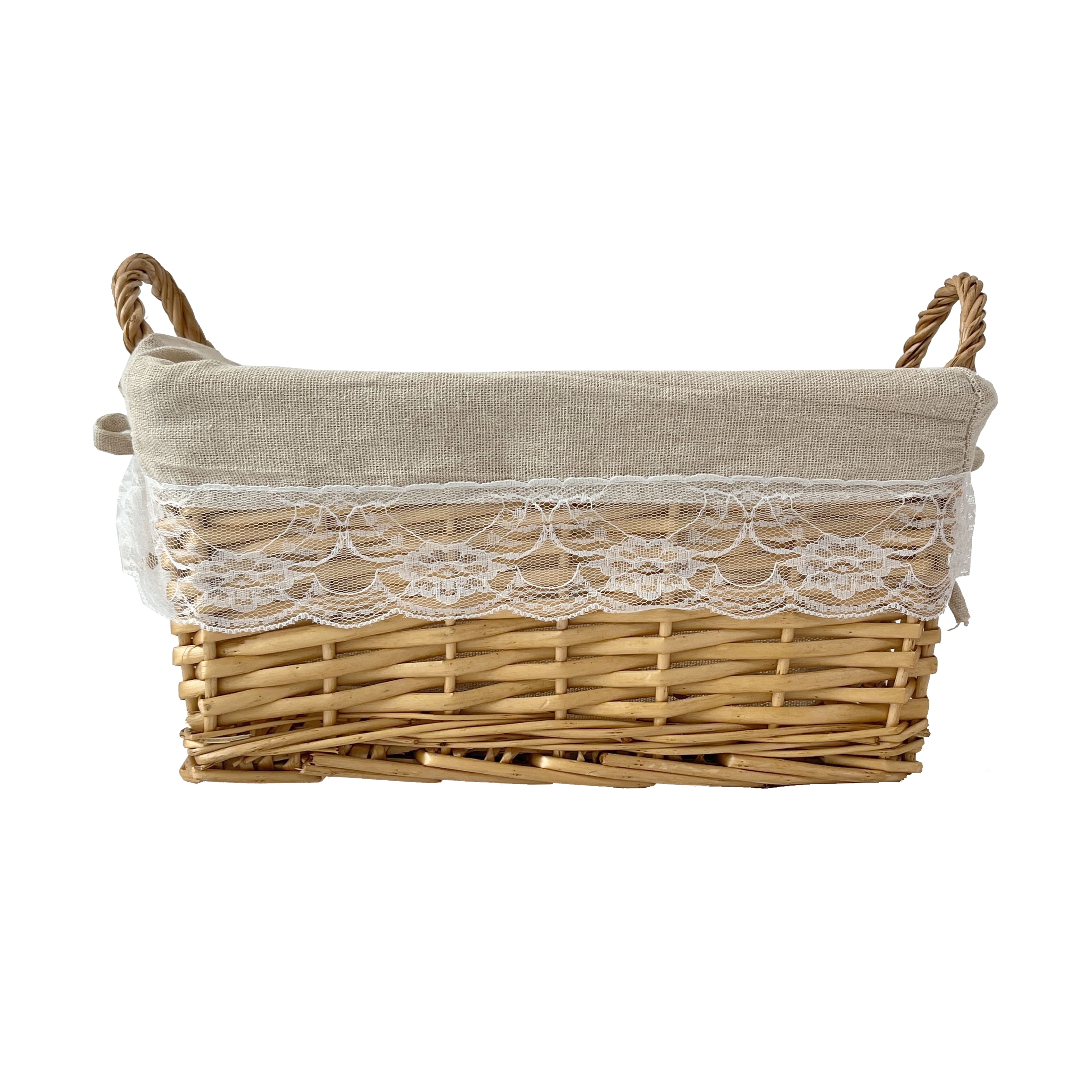 KINJOEK Wicker Storage Basket With Linen Lining - 14x11x6.7 Inch, Natural Willow With Handle