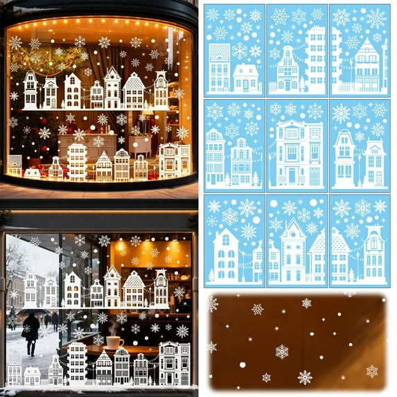 Large Window Christmas Clings Stickers Decorative Holiday Scene Clings For Glass Door Wall Frosted Snowflake Pattern Festive Seasonal Art