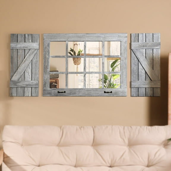 Large Window Mirror with Shutters Wall Decor, Distressed Wood Windowpane Mirror( Window Mirrorx1,Shuttersx2),Rustic Grey