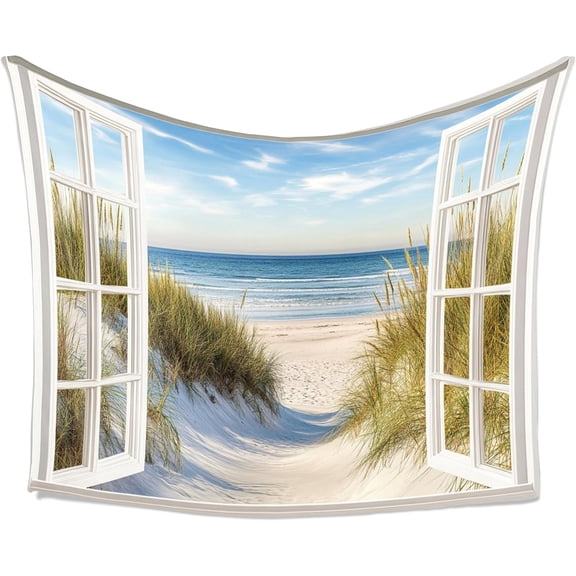 Large Window View Beach Tapestry Wall Hanging Coastal Ocean Scenery Fabric Wall Decor for Living Room Bedroom Dorm Apartment 40x60inch