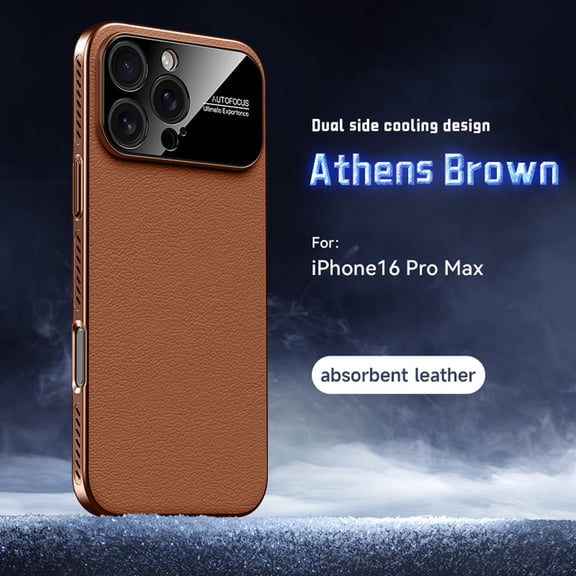 Large Window for iPhone 16 Pro Max Case, Luxury PU Leather & Hard PC, Heat Dissipation Breathable Bumper, Auto Focus Camera Lens Military Drop Protection Shockproof Slim Fit Cover, Brown