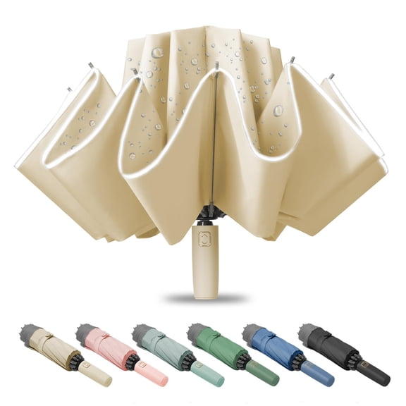 Large Windproof Travel Umbrella, Portable Reverse Folding Car Umbrella, Compact Inverted Design with Waterproof Canopy, Automatic, 10 Durable Ribs, 45.6/13 Inch, Fits Backpack