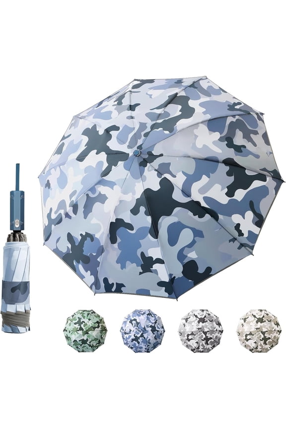 Large Windproof Travel Umbrella, Portable Reverse Folding Rain Umbrella for ,Women and Men, Durable, Compact Inverted Design with Camouflage Canopy, Fits Backpack, 41.5/13 Inch, Automatic