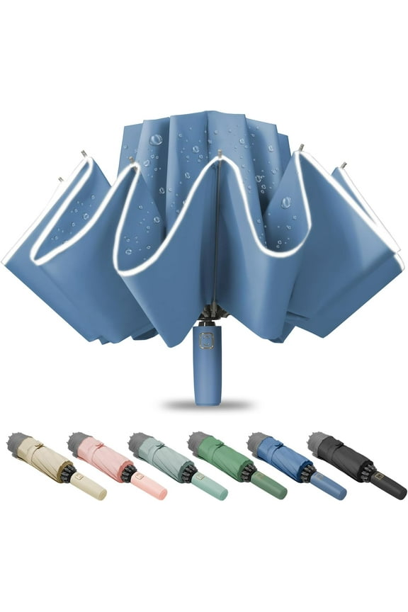 Large Windproof Travel Umbrella, Portable Reverse Folding  Umbrella, Compact Inverted Design with  Canopy, Automatic, 10 Durable Ribs, 45.6/13 Inch, Fits Backpack