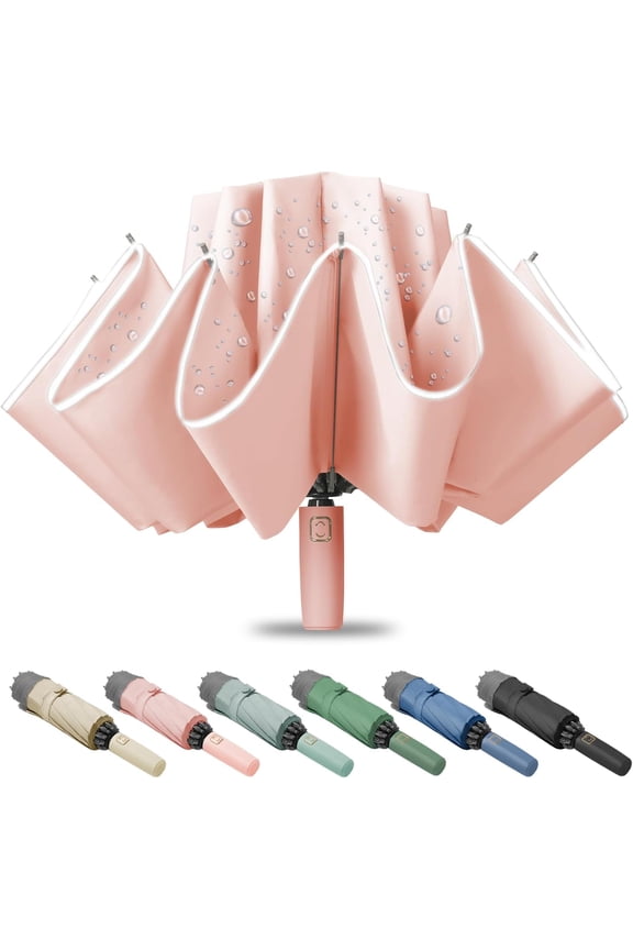 Large Windproof Travel Umbrella, Portable Reverse Folding  Umbrella, Compact Inverted Design with  Canopy, Automatic, 10 Durable Ribs, 45.6/13 Inch, Fits Backpack