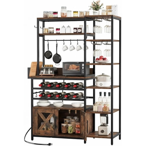 Large Wine Rack, Industrial Bakers Rack w/Power Outlet, 6-Tier L Shaped Liquor Bar Cabinet Unit for Home w/Glass Holder, Corner Coffee bar Cabinet for Home, Rustic Brown
