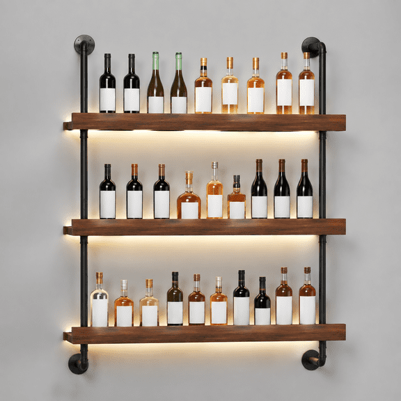Large Wine Rack Wall Mounted with LED Light, Solid Wood Bar Shelves Wall Mounted, 3-Tiers Liquor Bottles Floating Shelves Display Storage Organizer for Home Bar, Dining Room (39.7 inch)