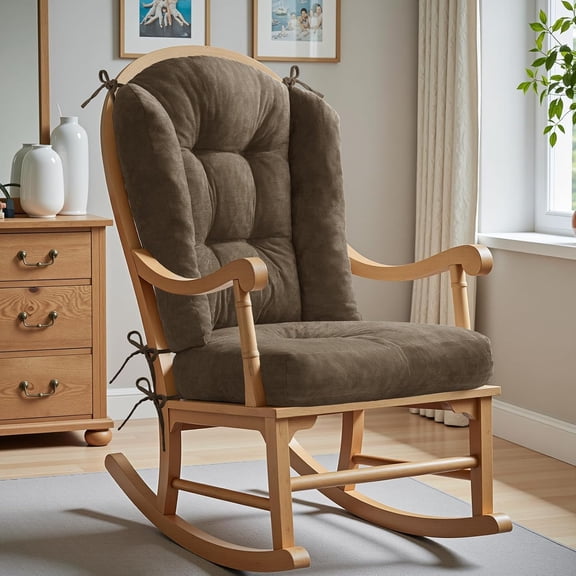 Large Wingback Rocking Chair Cushion Set High-Density Foam Seat and Back Pads with Ties, Deep Brown Chenille, Firm Rectangle Design