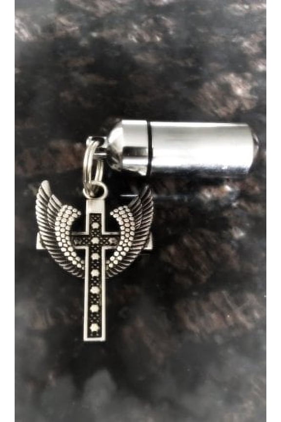 Large Winged Cross Cremation Urn Keychain with Engraved Heart - Includes Velvet Pouch & Fill Kit