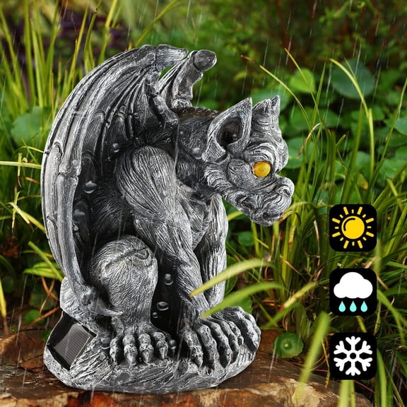 Large Winged Gargoyle Statue with Solar Lights Outdoor Decor, Sitting Gargoyle Monster Dragon Garden Guardian Gothic Creep Scary Sculpture, Patio Yard Lawn Decorations, Valentine's Day Gift$$