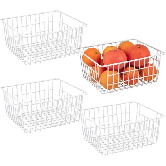 Large Wire Baskets with Handles for Storage Pantry, Storage Organizer Baskets, Shelf Basket Organizer ,Wire Storage Freezer Baskets for Cabinets, Closets, Bedrooms, kitchen - Set of 4White